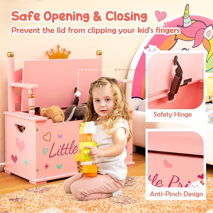Costzon Wooden Toy Box, 2 in 1 Toy Chest Storage Bench Seat with Safety Hinged Lid, Kids Toy Storage Organizer for Playroom Bedroom, Children's Furniture, Pink