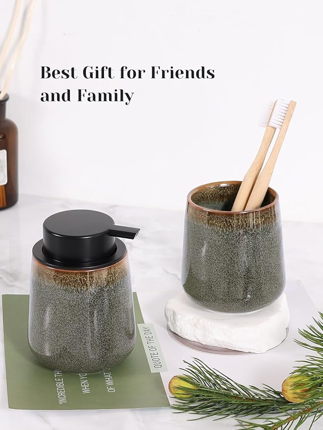 INGOFIN Ceramic Toothbrush Holder Cup, 12 oz Toothpaste Holder for Bathroom Vanity and Countertop, Organizer for Cosmetic, Makeup, Office Pencils, for Hotel Apartment, Kiln-Glazed