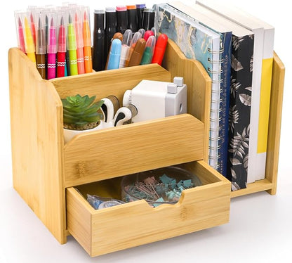 Bamboo Desk Organizer, Multi Use Tabletop Storage Office Supplies with Drawer Pen Holder, 5 Compartments Heavy Duty Desk Accessories for Home Office Organization, No Assembly Required