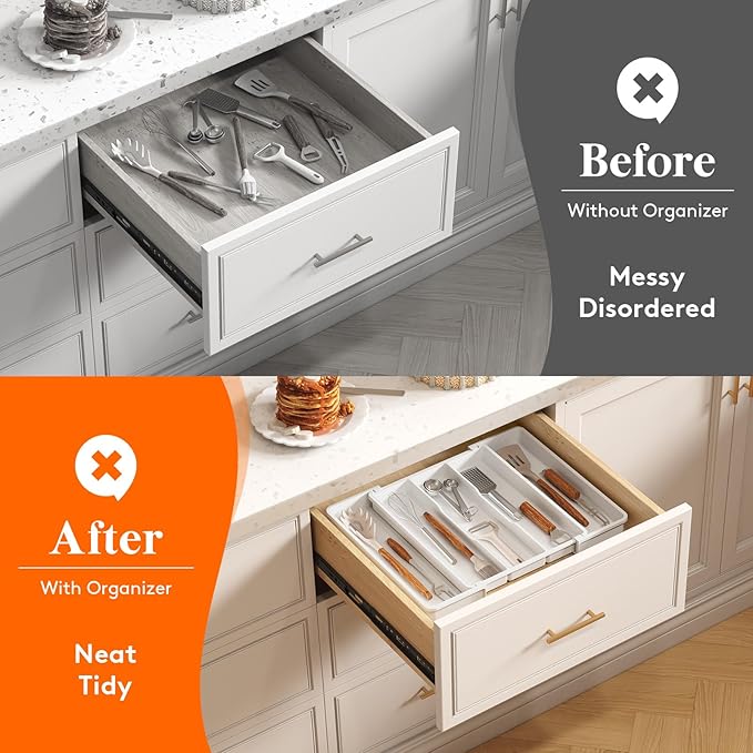 Lifewit Cooking Utensil Drawer Organizer, Expandable from 11 to 18 inches, Adjustable Cutlery Silverware Tray, Plastic Flatware Spatula Holder, Kitchen Tools Gadgets Storage Divider, White