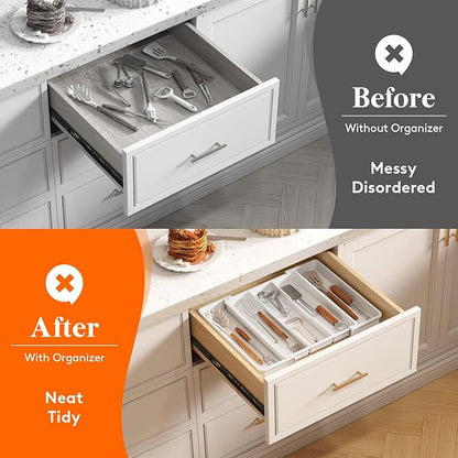 Lifewit Cooking Utensil Drawer Organizer, Expandable from 11 to 18 inches, Adjustable Cutlery Silverware Tray, Plastic Flatware Spatula Holder, Kitchen Tools Gadgets Storage Divider, White