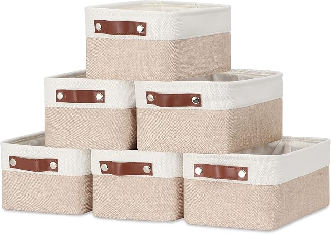DULLEMELO Small Storage Bins, Storage Baskets for Organizing, Collapsible Rectangular Fabric Baskets for Shelves, Closets, Nursery, Home, Office, Empty Gift Baskets (6-Pack, White&Khaki)