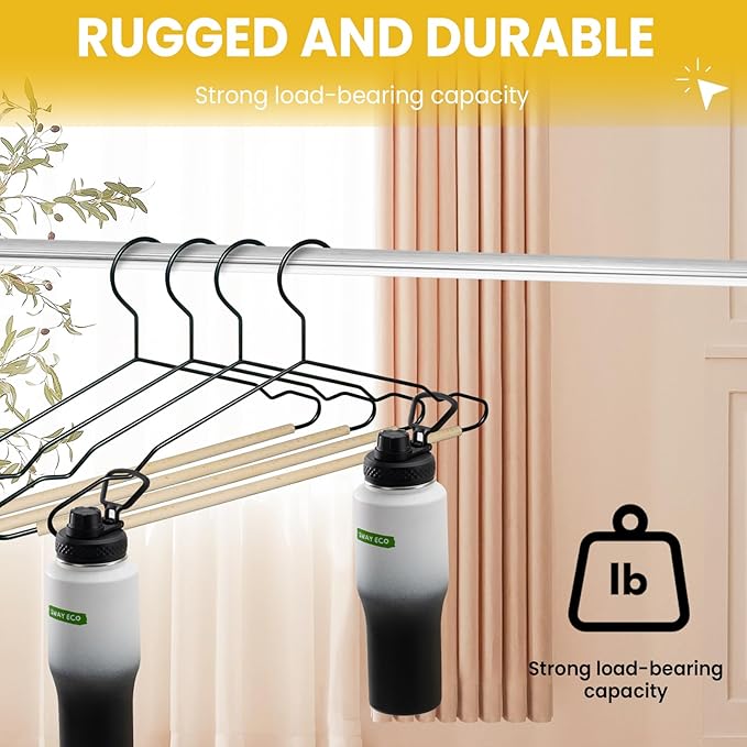 Jiang&Rong 20 Pack Black Wire Hangers, Suit Hangers with Smooth Beech Wood Pants Bar, Heavy Duty Metal Hanger for Closet, Dress, Pants, Sweater, Jacket