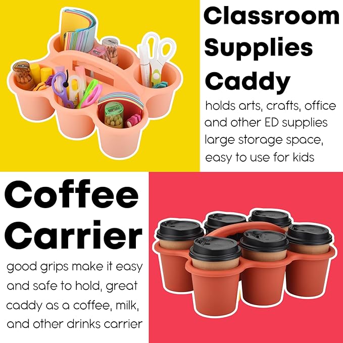 ALINK 6 Pack Classroom Caddy Storage Basket Organizer with Handle, Plastic Drink Cup Caddy Holder, 6 Compartments for Table, Office, Arts, Crafts, Crayon, Marker, Pencil, School Supplies - Macaroon