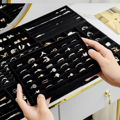 SPAKOWN Jewelry Organizer for Drawer, Adjustable Velvet Jewelry Tray, Stackable Necklace Organizer Earring Holder Organizer Ring Tray Jewelry Storage Display Drawer Inserts Set of 9 (Black)