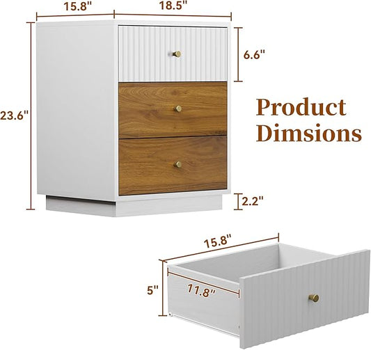 23.6" Tall Night Stand with 3 Storage Drawers, Fluted Nightstand with Metal Handles, Modern End Table Bedside Table Chest for Bedroom, White and Natural