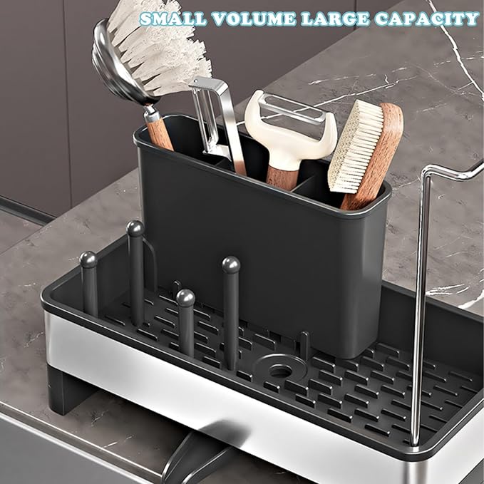 SOVGIZF Sponge Holder for Kitchen Sink,Sink Caddy Organizer with Removable Brush Holder,Kitchen Countertop Soap Dispenser Storage with Detachable Towel Rack,Black