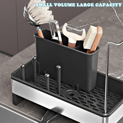 SOVGIZF Sponge Holder for Kitchen Sink,Sink Caddy Organizer with Removable Brush Holder,Kitchen Countertop Soap Dispenser Storage with Detachable Towel Rack,Black