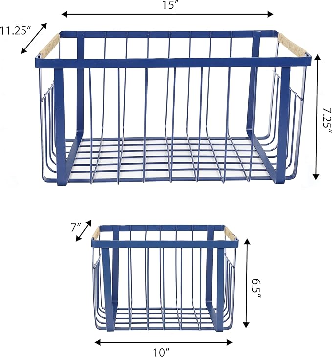 happimess BSK3003D-3SET Henley Vintage Farmhouse Wire Metal Nesting Storage Baskets with Jute Wrapped Handles for Shelves, Cabinets, Pantry, Countertop, Mesh Open Bin Basket, Navy (Set of 3)