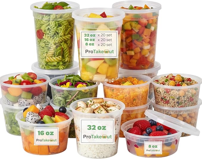 ProTakeOut Mixed Sizes Pack Heavy Duty Plastic Deli Containers | BPA-Free Food Storage with Airtight Leak‑Proof Lids | Microwave, Freezer & Dishwasher Safe Stackable (60 (20CT))