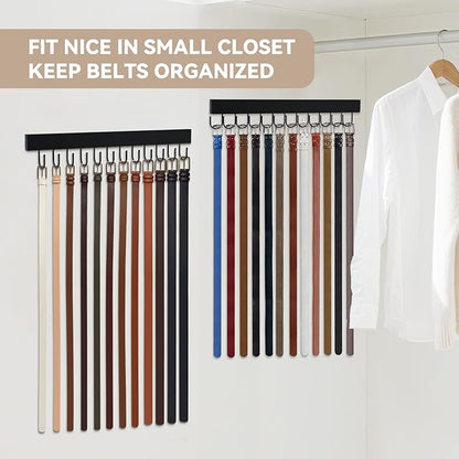 HOMEBROS Belt Hanger Wall Mount, Wooden Closet Belt Organizer with 24 Metal Hooks, Large Capacity, Black, 2 Pcs