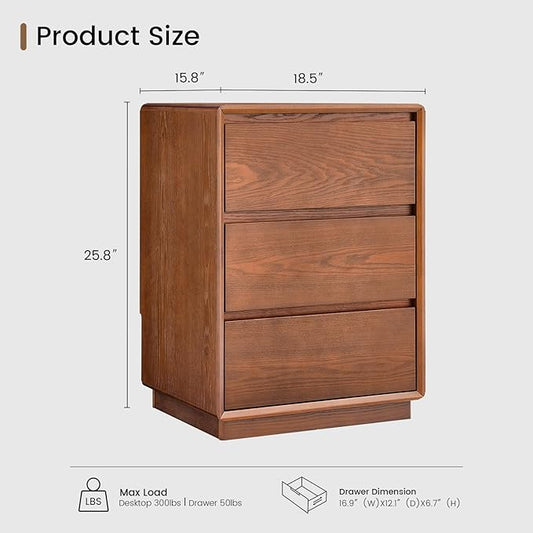 Solid Wood Nightstand Set of 2, Natural Wood Night Stand with 3 Drawers, Mid Century Modern Nightstand with Storage, Bedside Table for Bedroom, Office, Brown