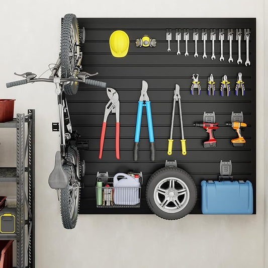 DoCred Slatwall Paneling Organizer, 4x4 FT PVC Garage Slat Wall Storage Systems, Heavy Duty Mounted Slat Peg Board for Tool Organization Ladder Bike Includes 20 PCS Hooks Accessories Kit (Black)