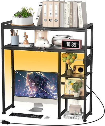 Aetheris Desktop Organizer Shelf, 30" Wooden Office Storage Rack with Outlets, Display Shelf Rack with Light Strip, 5 Tier Desktop Display Rac, Desk Shelf, Desk Hutch for Computer Monitor (Black)