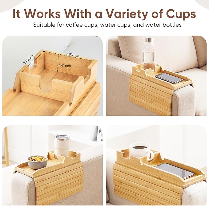 Foldable Bamboo Couch Arm Tray with Cup Holder - Anti-Slip Sofa Armrest Organizer for Drinks, Snacks, Remotes, Phones & More - Eco-Friendly Home Decor Gift (Bamboo)