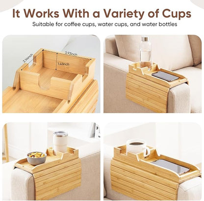 Foldable Bamboo Couch Arm Tray with Cup Holder - Anti-Slip Sofa Armrest Organizer for Drinks, Snacks, Remotes, Phones & More - Eco-Friendly Home Decor Gift (Bamboo)