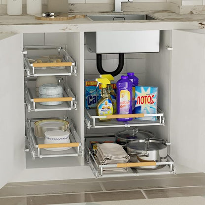 SANNO Pull Out Cabinet Organizer, Pantry Drawer Slide Out Basket Expandable Sliding Shelf Under Sink Shelf, Steel Metal cabinet drawers slide out, Chrome Finish, 23.1 to 39.9" W