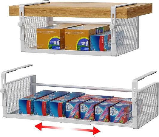 2Pack Under Shelf Basket, Adjustable Hanging Under Cabinet Shelf Storage, Hanging Holder Length Stretchable 14.9-22.6Inch for Kitchen Pantry Desk Counter Bookshelf Cupboard (White)