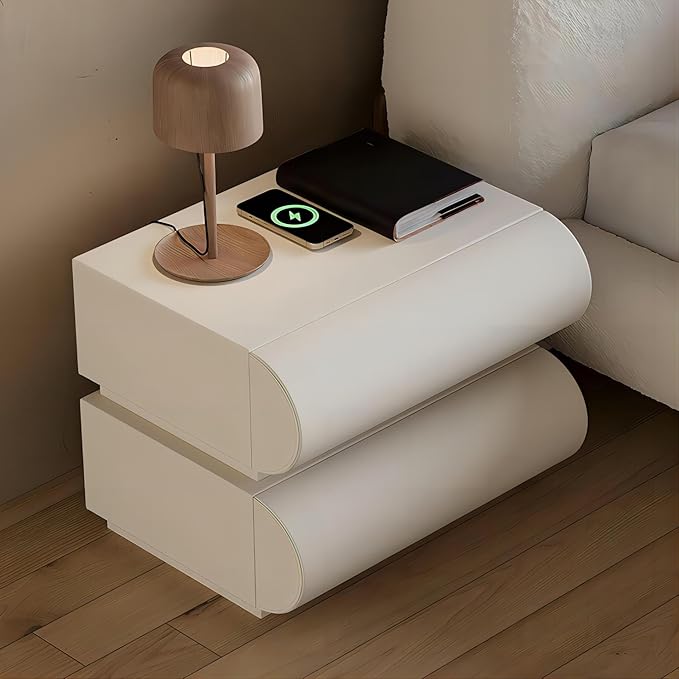 homary Smart Nightstand with Wireless Charging, USB & Type-C Ports – Modern White Leather Night Stand with 2 Drawers, Bedside Table for Bedroom