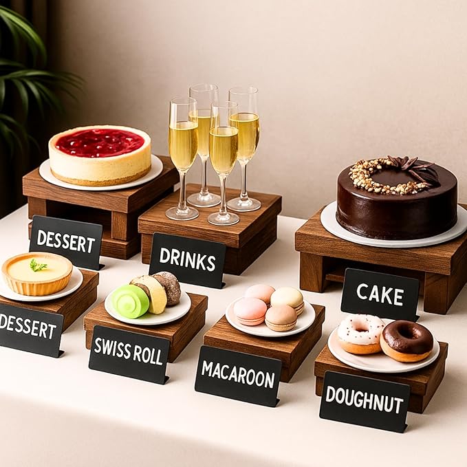 8PCS Wooden Buffet Risers and Stands with Reusable Table Signs, stackable Cube Rustic Wood Food Risers for Buffet Display, Cupcake Holder, Cupcake Stand, Dessert Table Display Set, 8PCS