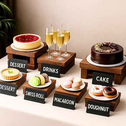 8PCS Wooden Buffet Risers and Stands with Reusable Table Signs, stackable Cube Rustic Wood Food Risers for Buffet Display, Cupcake Holder, Cupcake Stand, Dessert Table Display Set, 8PCS