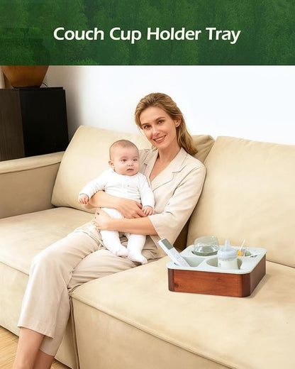 Couch Cup Holder Tray, Acacia Wooden Couch Caddy with Rotatable Phone Holder for Bed Organizer, Waterproof Anti-spill Sofa Cup Holder for Snacks Beverage Remote Grey