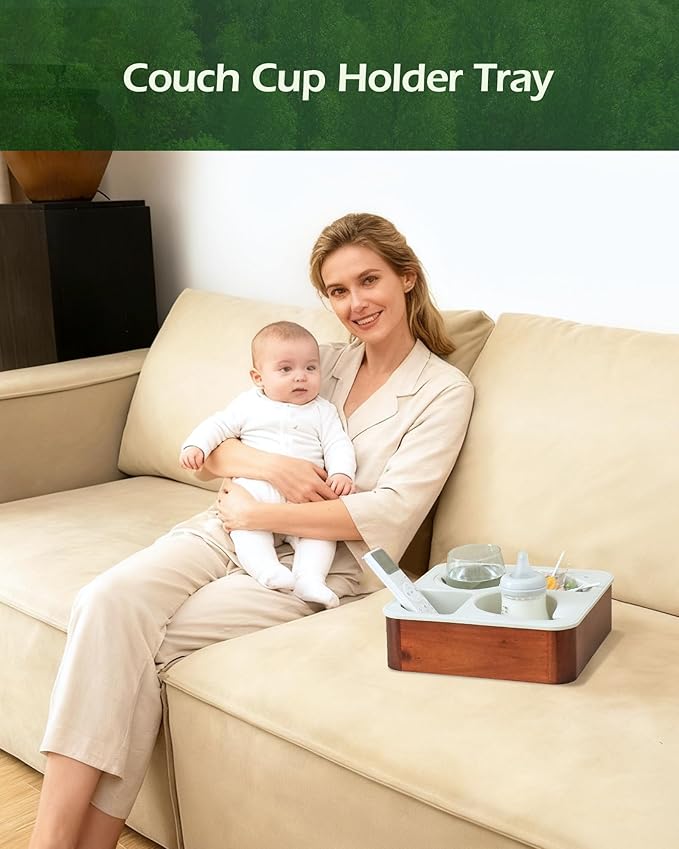 Couch Cup Holder Tray, Acacia Wooden Couch Caddy with Rotatable Phone Holder for Bed Organizer, Waterproof Anti-spill Sofa Cup Holder for Snacks Beverage Remote White