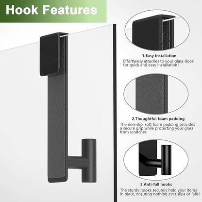 VINHOLD Shower Door Hooks, Heavy Duty Rack Hooks for Robe, Stainless Steel Towel Hooks for Bathroom, Fits Frameless Glass Shower Doors up to 3/8" (10mm) Thick (Black, 2 Pack)