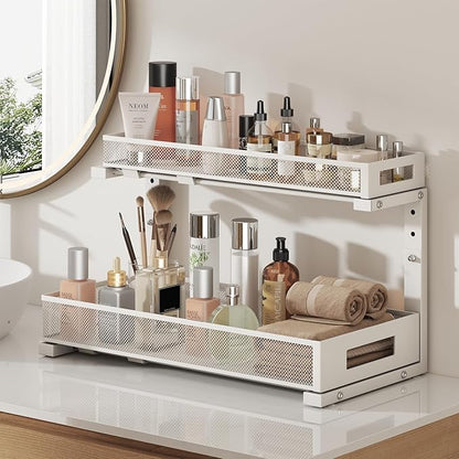 1 Pack 19IN Depth Under Sink Storage Organizer, Large 2-Tier Elegant Mesh Pull Out Shelf for Kitchen and Bathroom Cabinet Organization, L-Shaped and Adjustable Height Design-White