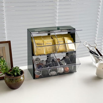 Large Coffee and Tea Organizer with Lid, Plastic Creamer Holder for Coffee Bar, Coffee Accessories Storage Box for K Cups, Coffee Pod, Sugar Bags, Drinking Straw (White)