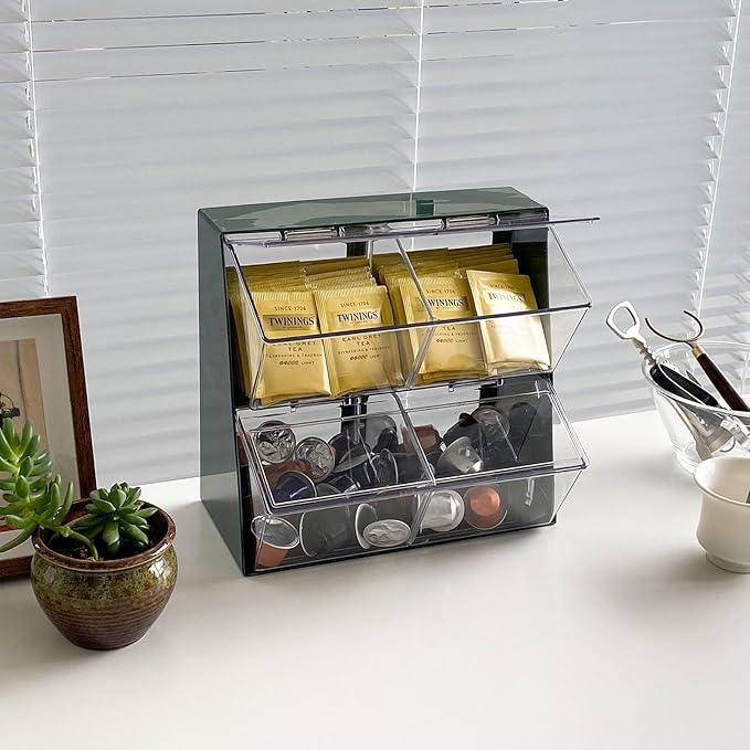 Large Green Coffee Pod Holder with Lid, Plastic Coffee Bar Accessories Storage Organizer for Creamer, K Cups, Tea Bags, Sugar Bag, Drinking Straw, Home Kitchen Supplies(Green)