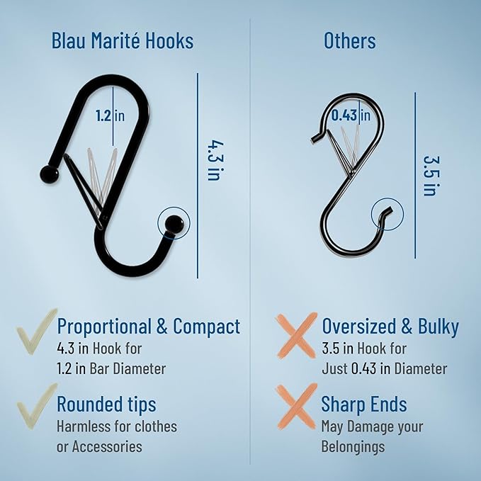 Blau Marité 6-Pack Metal S Hooks for Hanging – Heavy-Duty S-Shaped Hook with Safety Buckle – Fits Bars up to 1.2 in – Anti-Drop S-Hooks for Closet, Wardrobes & Storage – Silver (Large)