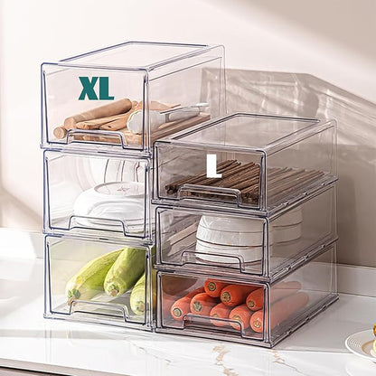 Clear Stackable Refrigerator Organizers and Storage Drawers - Pull-Out Fridge Bins with Anti-Slip Base & Easy Clean, Plastic Organizers for Kitchen Pantry Cabinet Closet ﻿ (2XL)