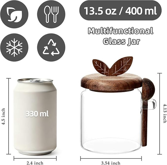 Koythin Food Storage Containers with Wooden Lids and Scoops, Glass Jars with Airtight Lids, Bath Salt Container with Scoop, Kitchen Canisters for Coffee, Tea, Sugar, Spice (Smooth, 13.5 oz)