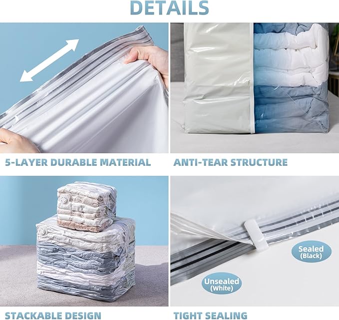 TAILINK 6 Pack Vacuum Storage Bags, Cube Combo (3 Jumbo+3 Medium), Vacuum Seal Bags for Clothing, Bedding, Blanket, Space Saving Closet Organization