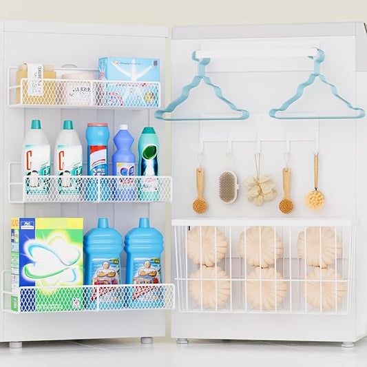 6 Pack Magnetic Shelves for Washing Machine, Magnetic Spice Rack Organizer for Refrigerator, Magnetic Shelf with Hanger Organizer, Metal Magnetic Basket, Laundry Organization and Storage, White