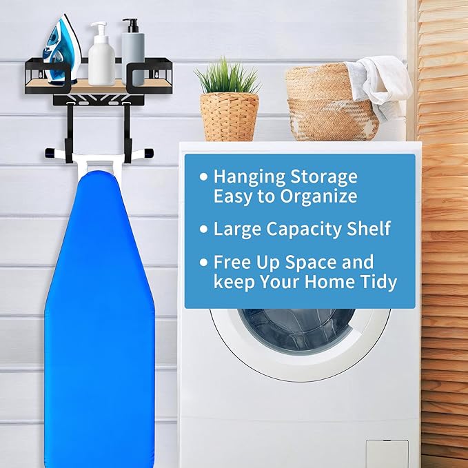 Adjustable Ironing Board Rack & Holder Wall Mount - T&V Shaped Hook for Laundry Room Organization, Space Saving Iron Storage, Easy Install, Black