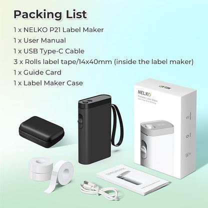 Nelko Label Maker Machine with Tape, P21 Bluetooth Label Printer with 3 Tapes & Case, Wireless Mini Label Makers with Multiple Templates Icon Font Custom for School Office Home, Black