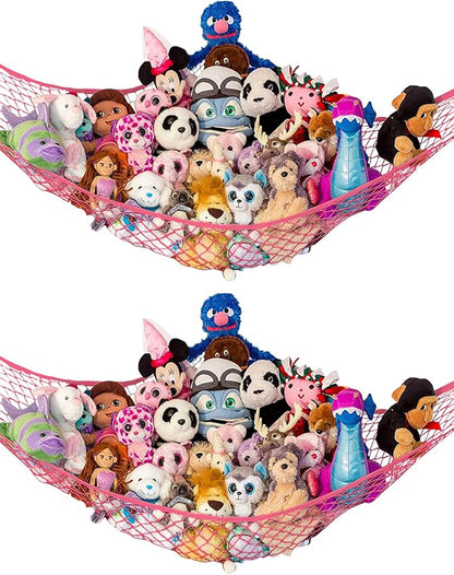 Lilly's Love Stuffed Animal Hammock | Corner Hanging Organizer, Toy Storage, Stuffed Animal Storage Net | Made from Quality Fishing Net, Holds 12lbs | 67"x47"x47" (Coral, 2 Pack)
