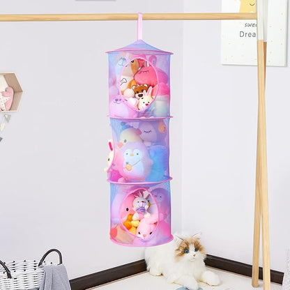 Basumee Stuffed Animals Net or Hammock 2 Pcs Stuffed Animals Storage Toy Net Hammock for Plushies Storage Organizer Mesh Kids Girls Room Decor, Blue and Purple, 3 Tiers