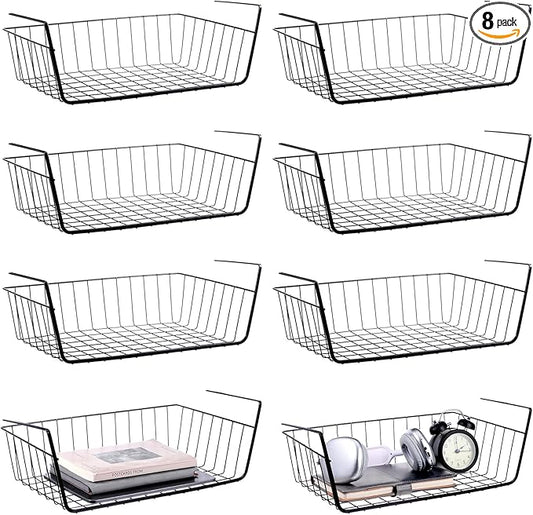 8 Pack Hanging Under Shelf Storage Basket, Steel Hanging Wire Rack Storage Baskets, Slide-in Baskets Organizer for Kitchen Cabinet Desk Organizer Storage, Space Saving, 16"D x 9"W x 5.9"H