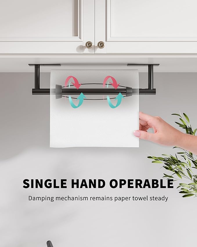 Paper Towel Holder Under Cabinet, Self Adhesive or Wall Mount Matte Black Hanging Paper Towel Holder with Damping Effect, Single Hand Operable, Stainless Steel for Kitchen Bathroom