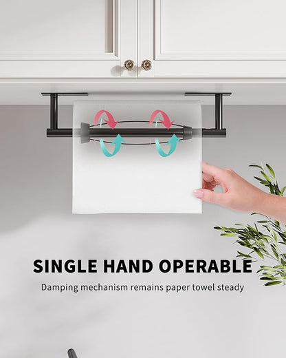 Paper Towel Holder Under Cabinet, Self Adhesive or Wall Mount Matte Black Hanging Paper Towel Holder with Damping Effect, Single Hand Operable, Stainless Steel for Kitchen Bathroom