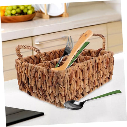 Rattan Storage Basket Woven Cutlery Basket Hyacinth Straw Silverware Organizer Desktop Cutlery Storage