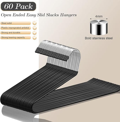 Treela 60 Pack Open Ended Pants Hangers, Metal Non Slip Trouser Hangers, Anti Rust Chrome Rubber Coating Slack Jeans, Heavy Duty Space Saving for Trousers Slacks Skirts