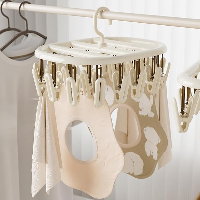 Beige Socks Drying Rack, Foldable Multifunctional Clothes Hanger with 12 or 20 Clips, Plastic, Space-Saving for Socks, Underwear, Gloves, Towels, Rotatable Hook for Easy Hanging (20 Clips)