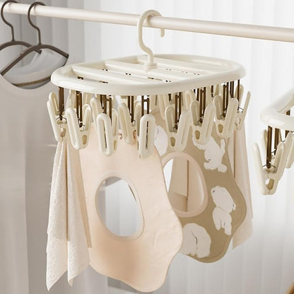 Beige Socks Drying Rack, Foldable Multifunctional Clothes Hanger with 12 or 20 Clips, Plastic, Space-Saving for Socks, Underwear, Gloves, Towels, Rotatable Hook for Easy Hanging (20 Clips)