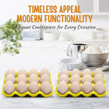 Flexzion 12 Cups Ceramic Egg Holder for Fridge - Dozen Ceramic Egg Tray Porcelain Container Storage Organizer Decorative Serving Stand Serveware for Refrigerator Countertop Display (Yellow, 2 Pack)