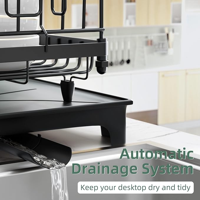 Vathingood Dish Drying Rack, Drying Rack with Automatic Drainboard, Dish Racks for Kitchen Counter, Rustproof Dish Drainer with Removable Utensil Holder, Cups Holder,Black