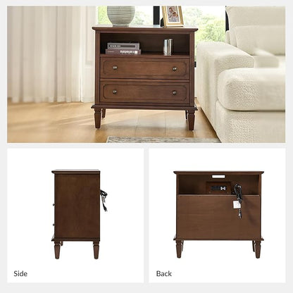 HULALA HOME Farmhouse End Table with Charging Station Set of 2, End Table with USB Ports & Outlets, Fluted Pilasters Design Side Table with Open Space and 2 Drawers Dresser for Living Room, Walnut